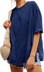 เสื้อยืดคอกลมแขนสั้นทรงโอเวอร์ไซส์สำหรับผู้หญิง สีพื้น ผ้าฝ้าย 100% ทรงหลวม สวมใส่สบาย เหมาะสำหรับฤดูใบไม้ผลิและฤดูร้อน เสื้อถักเนื้อเจอร์ซีย์ - Product Image 2