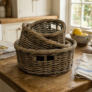 New Modern Minimalist Wholesale Set Of Three Natural Rattan Woven <b>Storage</b> <b>Baskets</b> Rustic Round <b>Wicker</b> Organizer Bins Cutout Rims - Product Image 2