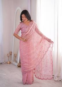 Luxury <b>Blush</b> Pink Cotton Saree Women | Traditional Heavy Sequins Floral Thread Embroidery | Designer Indian Wedding Party | - Product Image 4