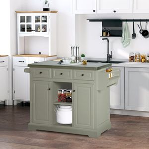 Isola da Cucina Portatile Moderna Grigia su Ruote con Piano in Acciaio Inox, Portaspezie, Cassetti e Carrello Multiuso in Legno MDF - Product Image 2