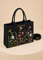 Sac fourre-tout en toile solide noir gaufré brodé HINDVANTA GLOBAL durable avec poignées en corde de coton réutilisables pour le shopping, les voyages et le quotidien