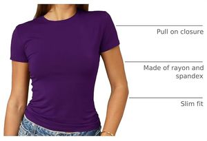 Camiseta de Mujer, Cuello Redondo, Manga Corta, Ajustada, de Algodón Jersey, Color Morado, Informal, Transpirable, para Todas las Temporadas - Product Image 3