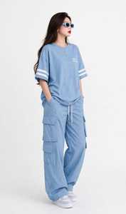 <b>Women</b> Light Blue 2 Piece Set Hooded Full Sleeve T-Shirt Wide Leg <b>Jogger</b> Pants Loose Casual Autumn Hoodie <b>Outfit</b> - Product Image 3