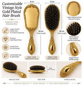 Cepillo de Pelo Plano de Lujo Chapado en Oro, Estilo Antiguo y Moderno, con Cerdas de Jabalí, Desenredante, con Cojín, para Masaje del Cuero Cabelludo y Cuidado de Pelucas, Herramienta Angel - Product Image 3