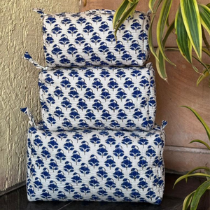 Premium Floral Jaipur Hand block print Quilted cotton <b>toiletry</b> bag Set of 3 sizes multi function Cosmetic travel <b>storage</b> Gifting - Product Image 1
