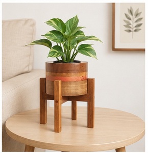 Jardinière ronde en bois de manguier faite à la main avec support en bois massif, pot de fleurs décoratif écologique, porte-plantes d'intérieur pour bureau - Product Image 2