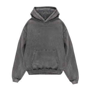 Sweat à capuche pour homme coupe oversize en coton tricoté délavé, style décontracté automne, couleur unie, avec poche avant, effet délavé à l'acide - Product Image 1