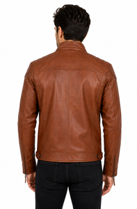 Men's Brown Sheep <b>Leather</b> Canvas Waterproof Moto <b>Jacket</b> Slim Fit Zipper Closure Mandarin Collar Regular Sleeve <b>Winter</b> Style 100% - Product Image 2