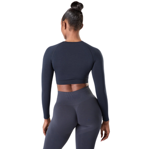 Top Corto Deportivo Elástico de Manga Larga sin Costuras para Mujer, Color Azul Marino Oscuro, para Entrenamiento Físico, Ejercicio y Ropa Deportiva - Product Image 3