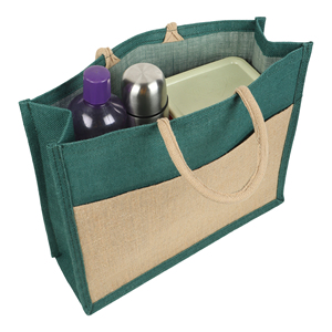 Sac fourre-tout en jute vert avec panneau frontal naturel et poignées robustes - Product Image 4