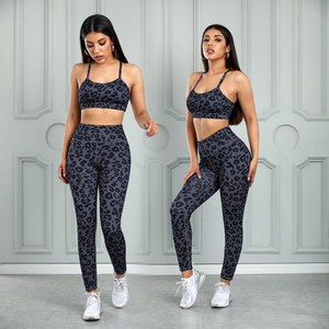 Print Yoga Set Women 2 Piece High Waisted <b>Leggings</b> <b>Crop</b> Top Spandex Polyester Workout Fitness Outfit Full Length Halter Neck - Product Image 3