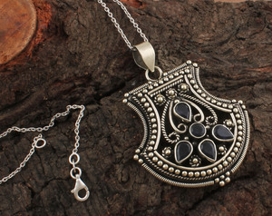 Vintage Black Onyx Bezel Setting Pendant Necklace 925 Sterling Silver Platinum Plated Oxidized Antique Style Gemstone <b>Charm</b> - Product Image 5