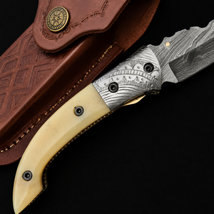 Cuchillo Plegable de Acero de Damasco Hecho a Mano con Mango de Hueso y Funda de Cuero, Hoja Recta de Punta Caída, Multifuncional, Cuchillo de Caza OEM - Product Image 3