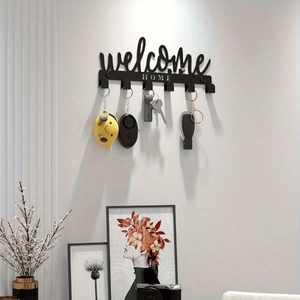 CIFbuy Black Metal 8-<b>Hook</b> <b>Key</b> Holder <b>Wall</b> Organizer Welcome Design <b>for</b> TikTok <b>for</b> Temu Pick-Up Service Mail & <b>Key</b> Management - Product Image 5