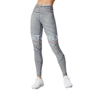 Women's Black White Transverse Striped Leggings Back Pocket Workout Leggings Printed High Waist Elastic Waistband Yoga Pants