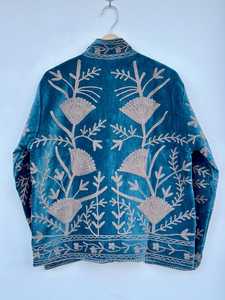 Veste en velours bleu brodée pour femme, col montant, motif floral, style bohème, pour l'automne - Product Image 6