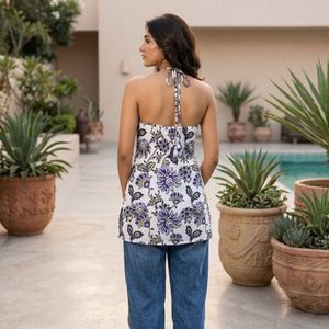 Soft Premium Cotton Women's White Cotton Printed Halter Neck Short <b>Kurti</b> For Everyday Wear By Royal Export - Product Image 2