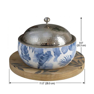 Blue Floral Design Ceramic Casserole With Hammered Metal Lid. Elegant Insulated <b>Serving</b> <b>Dish</b> For Premium Dining & Home Decor - Product Image 5