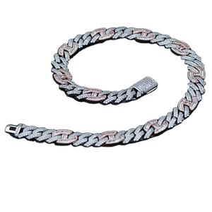 Baguette y moissanita de corte redondo, Plata de ley, dos tonos, chapado en oro blanco y rosa, totalmente helado, ajuste de punta, cadena de eslabones cubanos - Product Image 1