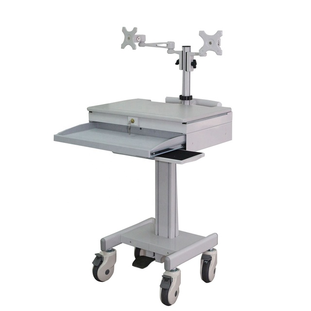 Dual LCD Gas Spring Lift Arm Lockable White Laptop Storage Workstation Cart Hospital Monitor Trolley Office School Supplies