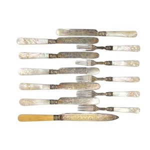 Antique Victorian Silver Plated Fish Dessert Cutlery Set Mother Of Pearl <b>Handles</b> Flatware Vintage Engraved Knives & Forks Home - Product Image 1