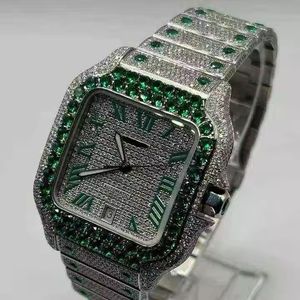 Luxury square <b>diamond</b> wristwatch with emerald bezel roman numeral dial automatic movement sparkling gemstone bracelet elegant - Product Image 1