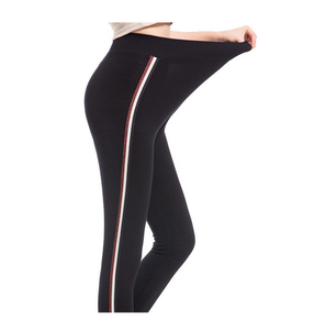 <b>High</b> <b>Waist</b> <b>Black</b> <b>Leggings</b> With White And Red Side Stripes Sporty Full Length Knitted Stretch Women's Activewear - Product Image 1