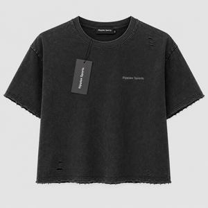 Camiseta Corta para Mujer de Calidad Superior, Nueva, Negra, con Agujeros Desgastados, Cuello Redondo, Corte Regular, Estilo Casual, Transpirable, Color Sólido - Product Image 1