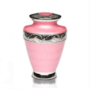 Elegante Urna Funeraria de Latón Esmaltado Rosa Hecha a Mano para Cenizas Humanas Adultas con Tapa y Banda Plateada Grabada, Contenedor Conmemorativo en Oferta - Product Image 1