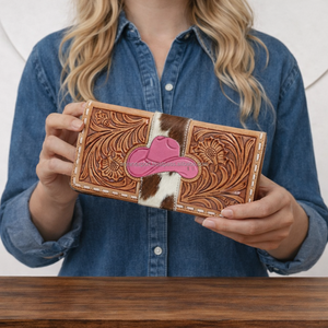 Custom Handcrafted Genuine Leather <b>Wallet</b> with Hair-On Hide for Cowboy Hat Western Style Vintage Fashion Women Zippered Clutch - Product Image 1