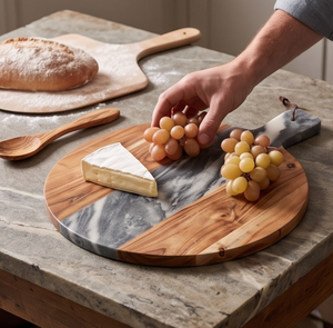 Planche à découper artisanale en bois d'acacia avec marbre bicolore, outil de cuisine unique et durable pour fruits et couteaux, idéale pour la maison et l'hôtellerie - Product Image 3