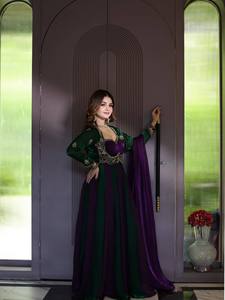 Purple Green Embroidered 2-Piece <b>Women's</b> Abaya Set V-neck Loose Fit <b>Velvet</b> Long Sleeve Dress with Belt Muslim All Seasons - Product Image 1