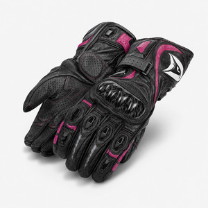 Gants de course en cuir noirs et roses à doigts entiers avec protection des articulations en fibre de carbone, respirants et à sangle de poignet réglable pour la conduite - Product Image 6
