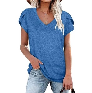 T-shirts respirants et légers pour femmes, col en V, manches courtes, coupe décontractée, en coton, pour l'été, personnalisables, hauts de sport vierges - Product Image 5