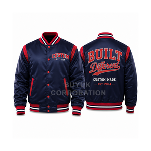 Custom Satin Varsity Bomber <b>Jacket</b> OEM Embroidered <b>Waterproof</b> Windproof Stand Collar Unisex Private Label High Streetwear Front - Product Image 5