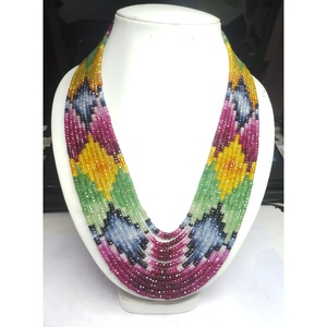 High-Grade 11-Strand One-<b>Necklace</b> Lab Created Multi-Layer <b>Sapphire</b> Faceted Round Beads 3mm to 4.5 mm Size Quality Stone Beads - Product Image 1