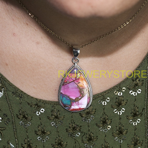 Colgante de Turquesa Rosa en Forma de Lágrima, Plata de Ley 925, Joyería Hecha a Mano con Marco de Cuerda, Piedra Natural, Regalo para Mujeres, Hermanas y Hombres - Product Image 2