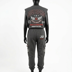 ชุดเสื้อยืดแขนกุดผ้าฝ้ายพรีเมียม 200 GSM กับกางเกงจ็อกเกอร์คาร์โก้ สีเทาเข้ม สไตล์สตรีทแวร์ พิมพ์ลายสกรีน โลโก้สั่งทำ ชุดเซ็ตสำหรับผู้หญิง - Product Image 2