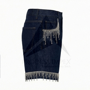 กางเกงยีนส์ขาสั้นผู้ชายประดับคริสตัล ผ้าฝ้ายพรีเมียม ดีไซน์คริสตัล สตรีทแวร์ รับผลิตแบบ OEM ODM นำเข้า - Product Image 4