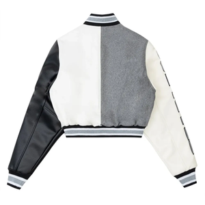 Ash Black Varsity <b>Jacket</b> Dense Melton Wool Pop Embroidery Snaps Striped Neck Leather Sleeve <b>Womens</b> <b>Jackets</b> - Product Image 2