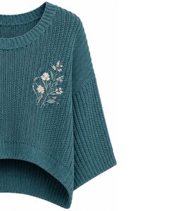 Teal <b>Womens</b> Oversized Knitted Crop Top Loose Fit Short Sleeve Summer Breathable Lightweight Casual Fashion Pullover Sweater - Product Image 3