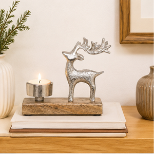 Handcrafted Silver Aluminum Reindeer Tealight Candle Holder With Natural Mango Wood Base For Christmas Holiday Table Decoration - Product Image 6