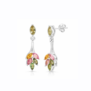 Boucles d'oreilles pendantes en argent sterling 925 avec tourmalines multicolores, plaquées or 1 micron, bijoux floraux de créateur - Product Image 2