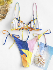 Conjunto de Bikini de Dos Piezas para Mujer con Bloques de Color, Cuello Halter, Top Triangular y Braguita con Lazos Laterales, de Secado Rápido, Spandex/Poliéster - Product Image 3