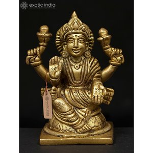Ídolo de latón hecho a mano de 4 pulgadas de la diosa Lakshmi Postura de bendición de cuatro brazos para el hogar y el templo Hecho EN LA India - Product Image 1