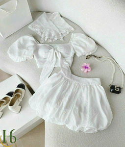 White Solid Woven Lace Trim Tie Neck Puff Sleeve Denim Korean Bubble Hem Summer <b>Office</b> Casual Crop Top Mini <b>Skirt</b> Set In-Stock - Product Image 4