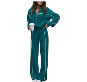 Ensemble de survêtement blanc pour femme, manches longues, fermeture éclair, coupe décontractée, couleur unie, respirant, en polyester, style printemps - Product Image 2