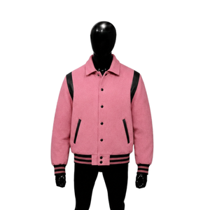 Blouson universitaire rose premium pour homme, style urbain, en mélange de laine et polyester, col rabattu, coupe classique, idéal pour l'automne, confort optimal - Product Image 1