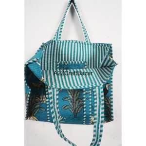 Bolsa de Mano Grande, 100% Algodón Puro, Acolchada, Estampada a Mano, con Rayas Multicolores, Asa Larga, Ecológica, Sostenible, para Estudio, Compras y Fiestas - Product Image 6