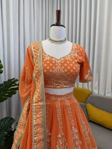Orange Georgette Lehenga Choli Set Embroidered <b>Sequins</b> Work <b>Flared</b> Dupatta Traditional Dress for Wedding Party - Product Image 2